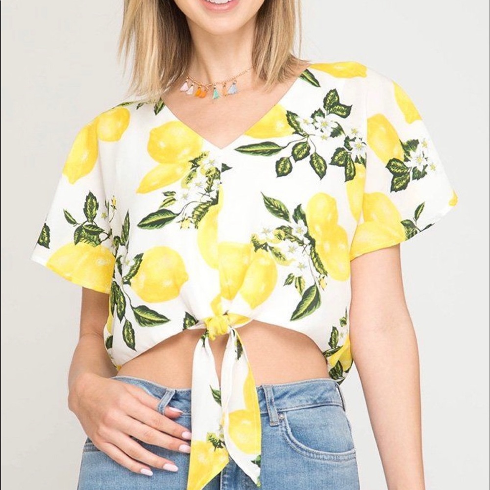 Knot Hem  Lemon Ruffled Print Elastic Crop Top
